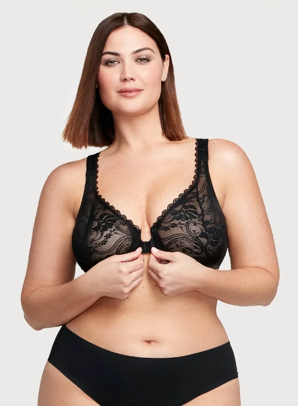 Glamorise: All Over Lace Front Opening Wonderwire Bra Black