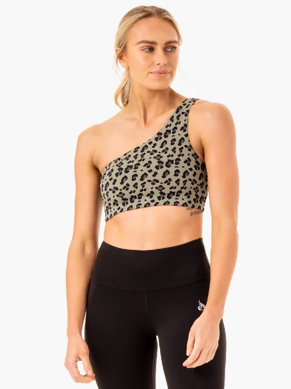 Adapt One Shoulder Sports Bra - Khaki Leopard