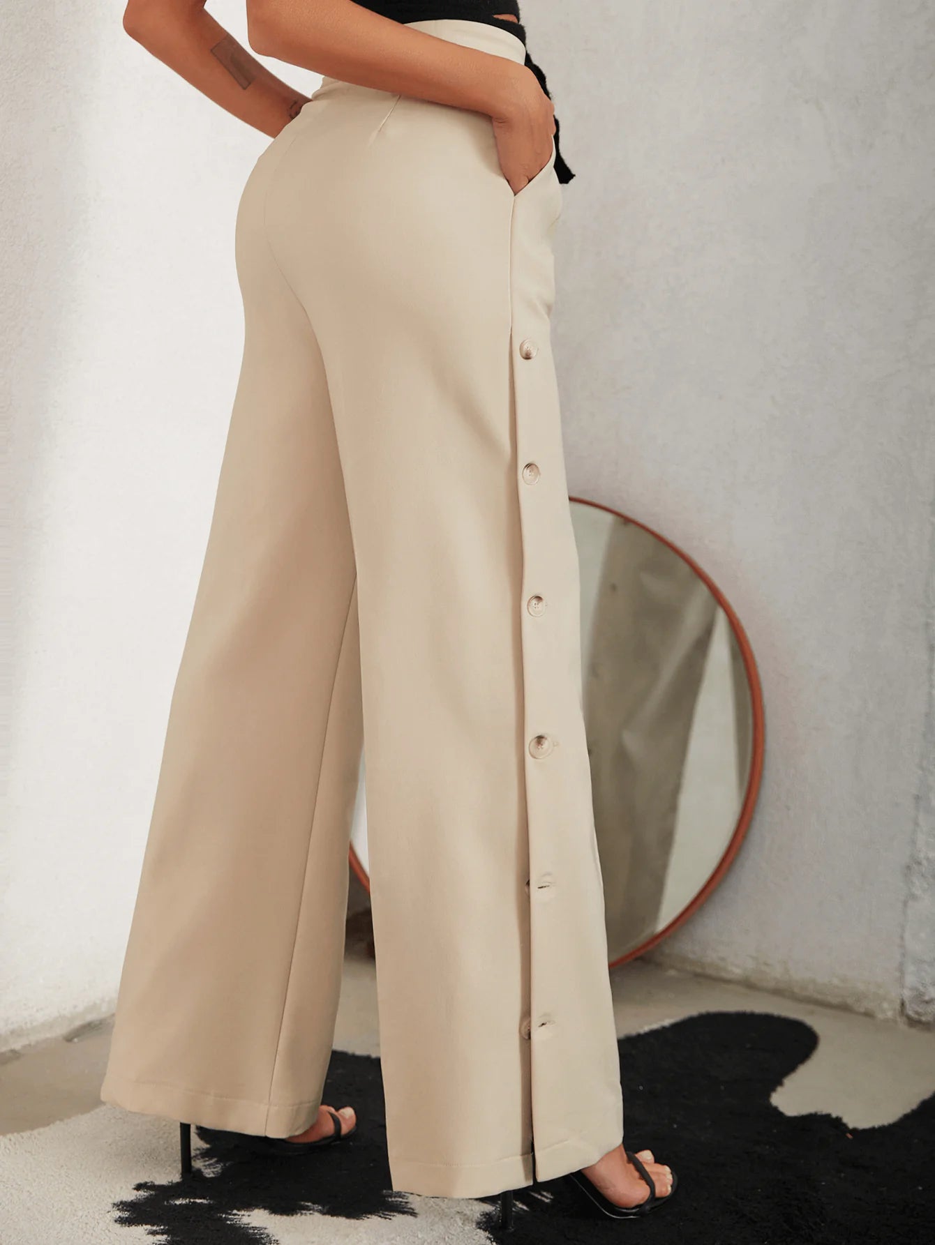 Seamless shapers for a smooth look under clothes​Side Button Pleated Wide Leg Pants