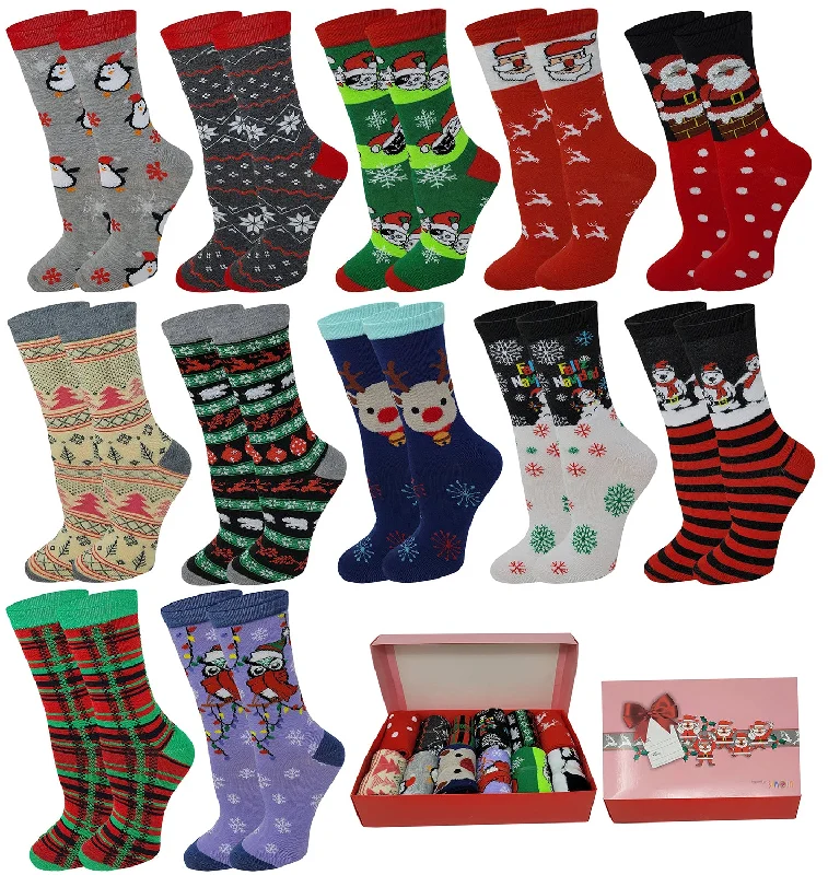 Women's over - the - calf socks with a stripe designWomen Crew Socks | Holiday Christmas Festive Design | 12 Pairs With/Gift Box Women's over - the - calf socks with a stripe designWomen Crew Socks | Holiday Christmas Festive Design | 12 Pairs With/Gift Box