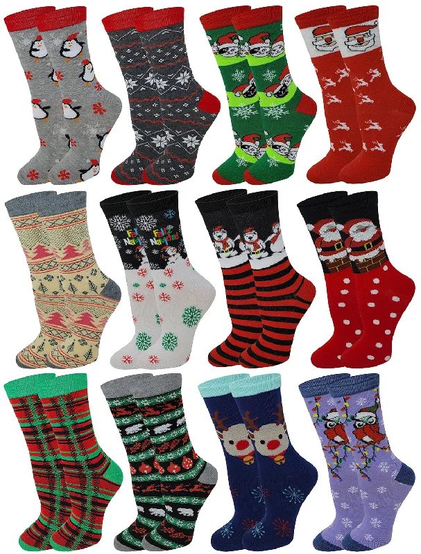 Women's non - slip socks for safetyWomen Crew Socks | Christmas Festive Holiday Design (12 Pairs)