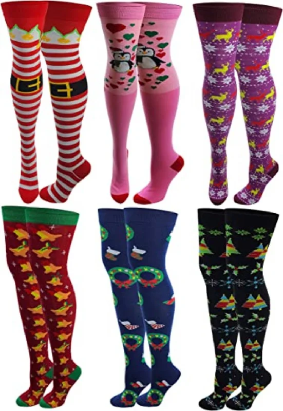 Women's over - the - calf socks with a stripe designThigh High Over the Knee Socks | Christmas Assorted Design | Women (6 Pairs) Women's over - the - calf socks with a stripe designThigh High Over the Knee Socks | Christmas Assorted Design | Women (6 Pairs)