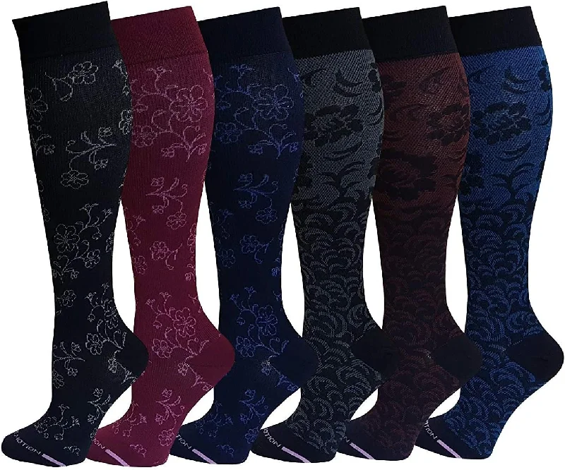 Women's satin - trimmed socks for a touch of eleganceKnee-High Graduated Compression Socks | Assorted Floral | Dr. Motion (6 Pairs) Women's satin - trimmed socks for a touch of eleganceKnee-High Graduated Compression Socks | Assorted Floral | Dr. Motion (6 Pairs)