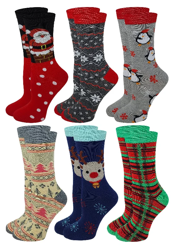 Crew Socks | Christmas Novelty Fancy Design | Women (6 Pairs)