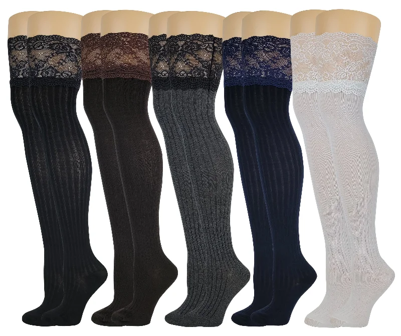 Women's knee - high socks with lace trimOver the Knee Socks | Assorted Color with Lace (5 Pairs) Women's knee - high socks with lace trimOver the Knee Socks | Assorted Color with Lace (5 Pairs)