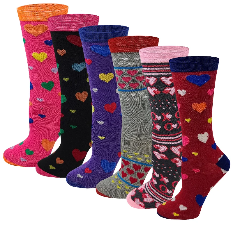 Women 6 Pairs Hearts Design Novelty Crew Socks