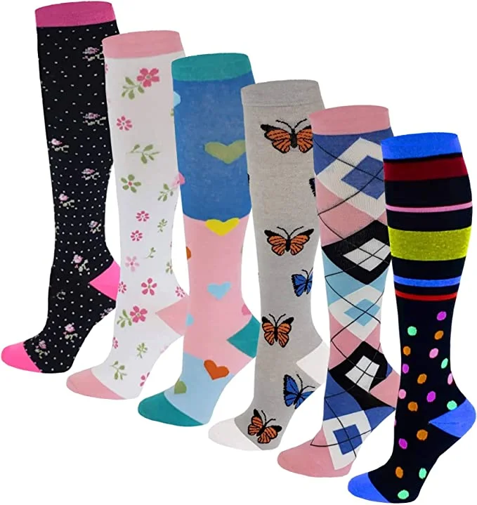 Compression Knee High Socks | Cotton Graduated Colorful | Women (6 Pairs)