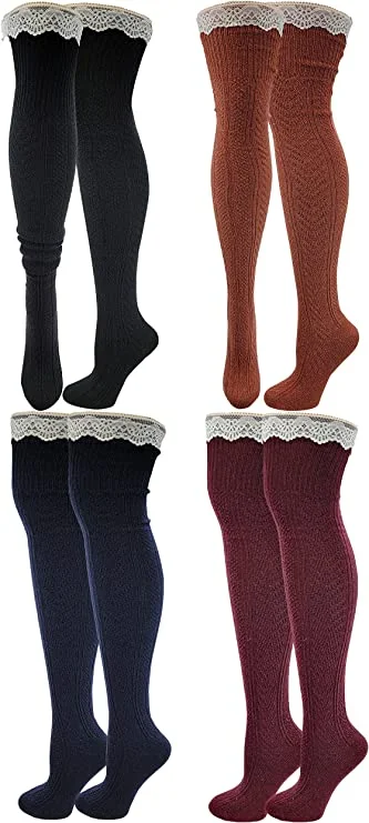 Thigh High Wool Boot Socks | Winter Cable Knit Lace on Top | Women ( 4 Pairs )