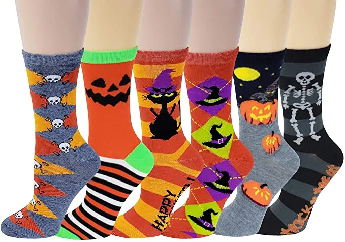 Women's cushioned sole socks for shock absorptionWomen 6 Pairs Pack Halloween Novelty Crew Socks Women's cushioned sole socks for shock absorptionWomen 6 Pairs Pack Halloween Novelty Crew Socks