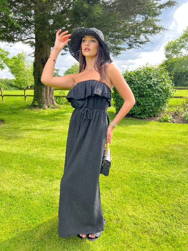 Satin maxi dresses with a high - low hem for a modern twistBlack Santorini Bardot Maxi Dress Satin maxi dresses with a high - low hem for a modern twistBlack Santorini Bardot Maxi Dress