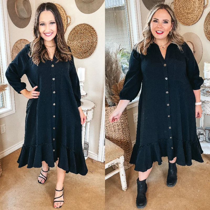 Sheer maxi dresses with lace overlays for a romantic touchOnline Exclusive | New England Nights Button Up Ruffle Hem Midi Dress in Black Sheer maxi dresses with lace overlays for a romantic touchOnline Exclusive | New England Nights Button Up Ruffle Hem Midi Dress in Black
