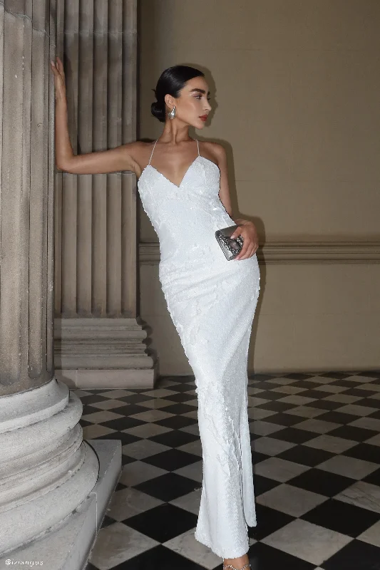 Ruffled maxi dresses with a tiered skirt for added volumeGracie Sequin Maxi Dress - White Ruffled maxi dresses with a tiered skirt for added volumeGracie Sequin Maxi Dress - White