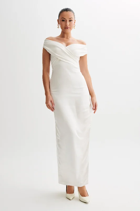 Maxi dresses with ribbed textures for a unique and tactile lookHarley Off Shoulder Satin Maxi Dress - Ivory Maxi dresses with ribbed textures for a unique and tactile lookHarley Off Shoulder Satin Maxi Dress - Ivory