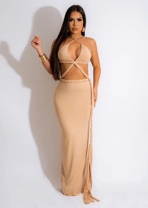 Maxi dresses with cold - shoulder cutouts for a trendy lookHighway To Heaven Maxi Dress Nude Maxi dresses with cold - shoulder cutouts for a trendy lookHighway To Heaven Maxi Dress Nude