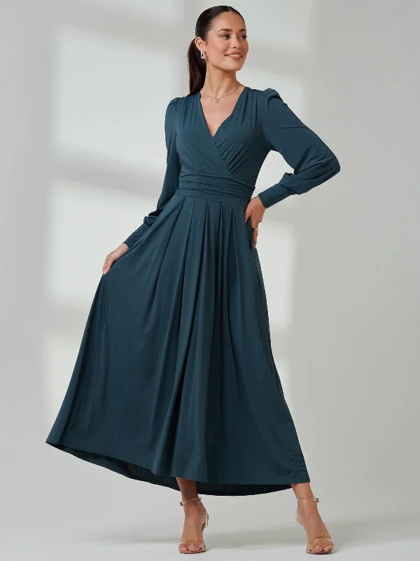 Maxi dresses with a pleated skirt for a timeless and elegant appearanceLong Sleeve Soft Silky Jersey Maxi Dress, Dark Teal Maxi dresses with a pleated skirt for a timeless and elegant appearanceLong Sleeve Soft Silky Jersey Maxi Dress, Dark Teal
