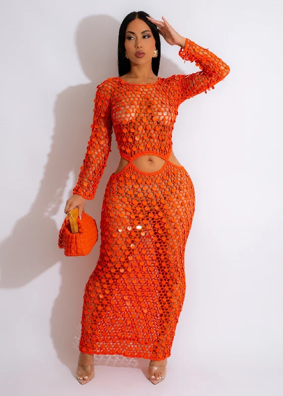 Denim maxi dresses with frayed hems for a casual lookMother Of Pearl Crochet Cover Up Orange Denim maxi dresses with frayed hems for a casual lookMother Of Pearl Crochet Cover Up Orange