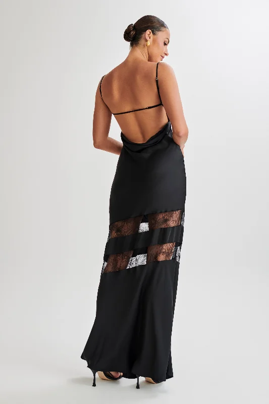 Maxi dresses with cut - out details on the sides for a modern edgeMyrna Satin Lace Maxi Dress - Black Maxi dresses with cut - out details on the sides for a modern edgeMyrna Satin Lace Maxi Dress - Black