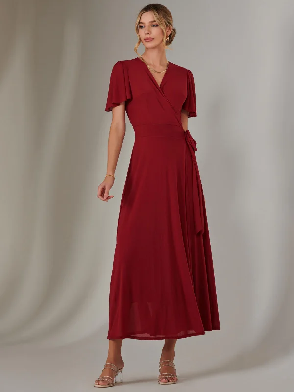 Maxi dresses with cut - out details on the sides for a modern edgePlain Angel Sleeve Wrapped Maxi Dress, Brick Red Maxi dresses with cut - out details on the sides for a modern edgePlain Angel Sleeve Wrapped Maxi Dress, Brick Red