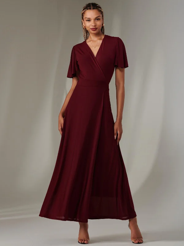 Maxi dresses with embroidered floral motifs for a unique designPlain Angel Sleeve Wrapped Maxi Dress, Burgundy Maxi dresses with embroidered floral motifs for a unique designPlain Angel Sleeve Wrapped Maxi Dress, Burgundy
