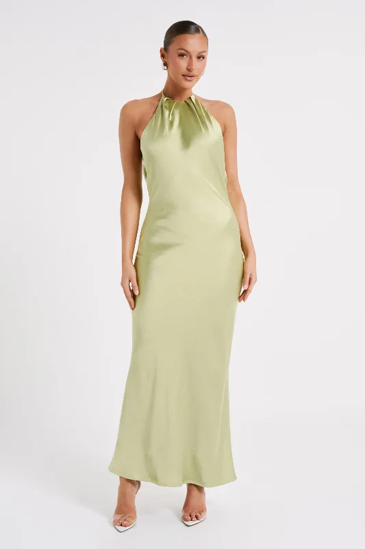 Maxi dresses with an asymmetric hem for a fashion - forward and eye - catching designSammy Satin Halter Maxi Dress - Pistachio Maxi dresses with an asymmetric hem for a fashion - forward and eye - catching designSammy Satin Halter Maxi Dress - Pistachio