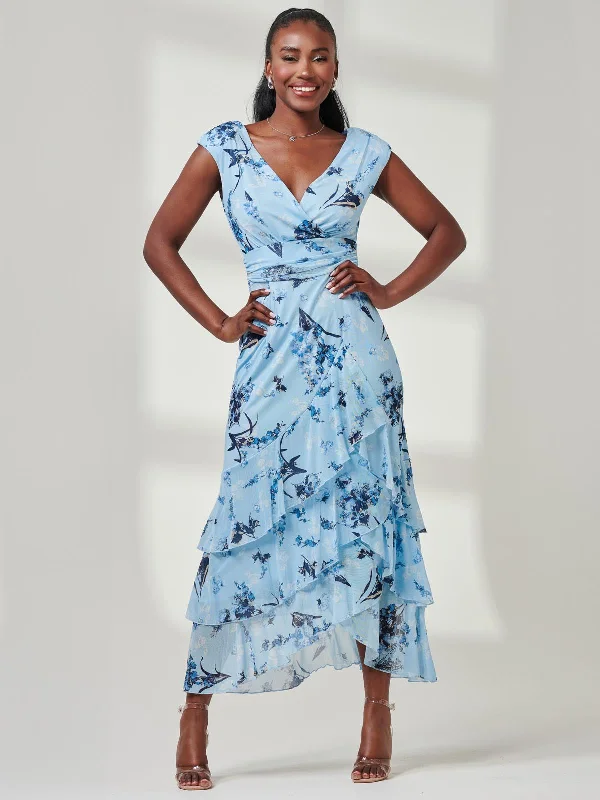 Maxi dresses with a V - neckline for a flattering and elongating shapeYuri Mesh Frill Hem Maxi Dress, Blue Multi Maxi dresses with a V - neckline for a flattering and elongating shapeYuri Mesh Frill Hem Maxi Dress, Blue Multi