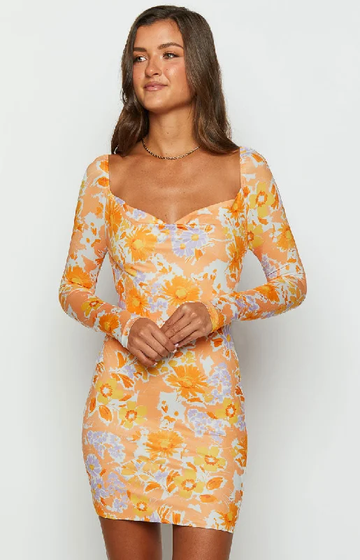 Ashi Orange Floral Long Sleeve Mini Dress