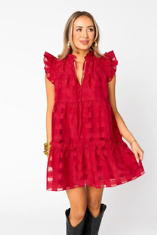 Aubrey Ruffle Shoulder Short Dress - Ruby