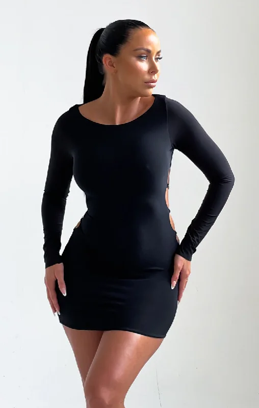 Mini dresses with ruched bodices for a feminine touchBlack Side Cut Out Ring Detail Mini Dress - Emma Mini dresses with ruched bodices for a feminine touchBlack Side Cut Out Ring Detail Mini Dress - Emma