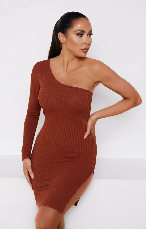 Sheer mini dresses with lace insertsChocolate Ribbed One Shoulder Long Sleeve Side Split Bodycon Mini Dress - Maren Sheer mini dresses with lace insertsChocolate Ribbed One Shoulder Long Sleeve Side Split Bodycon Mini Dress - Maren