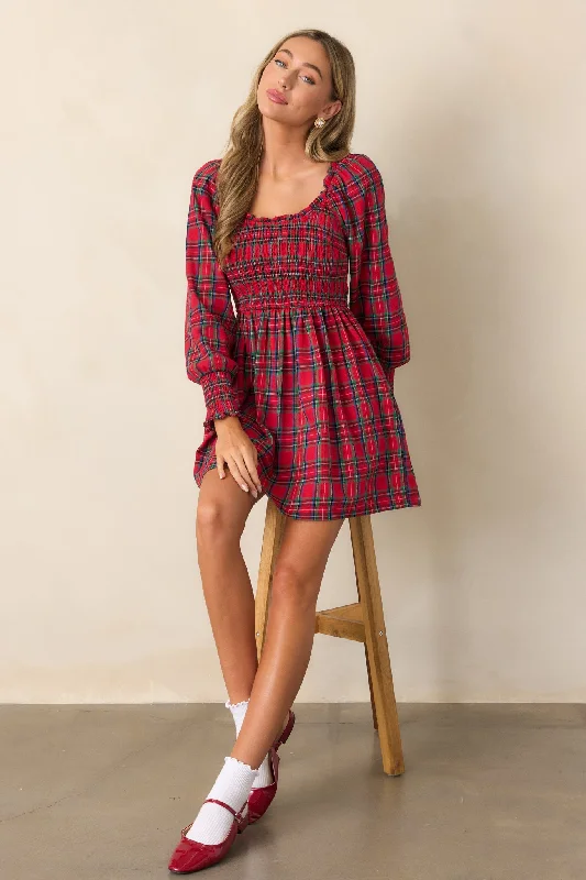 Dance With Me 100% Cotton Red Plaid Long Sleeve Mini Dress