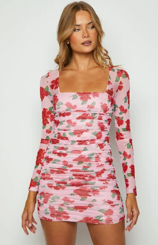 Estee Pink Print Long Sleeve Mesh Mini Party Dress