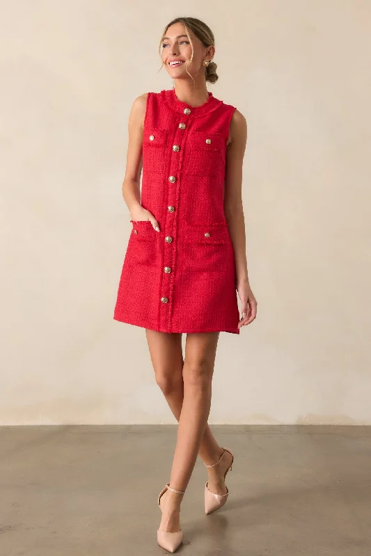 Mini dresses with fringe for a bohemian styleHere For It Red Tweed Mini Dress