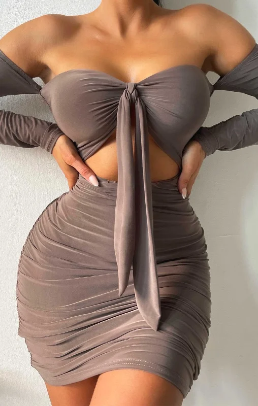 Printed mini dresses for a casual day outMocha Slinky Ruched Bardot Long Sleeve Cut Out Tie Front Bodycon Mini Dress - Zion Printed mini dresses for a casual day outMocha Slinky Ruched Bardot Long Sleeve Cut Out Tie Front Bodycon Mini Dress - Zion