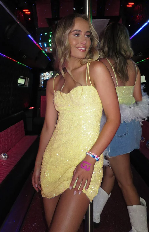 Mini dresses with cold - shoulder designsPenny Lane Yellow Sequin Mini Dress