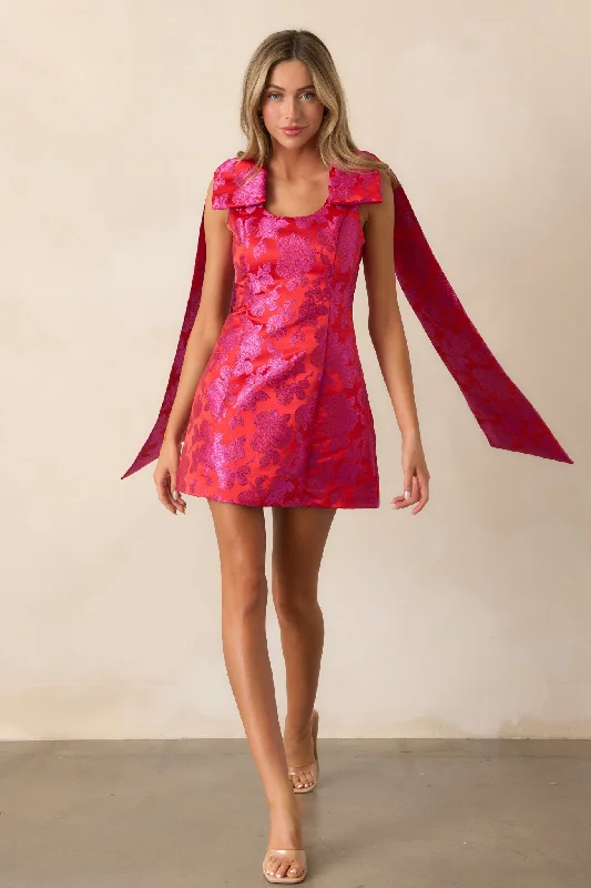 Mini dresses with belted waists for a defined silhouetteThe Edge Red Floral Jacquard Mini Dress Mini dresses with belted waists for a defined silhouetteThe Edge Red Floral Jacquard Mini Dress