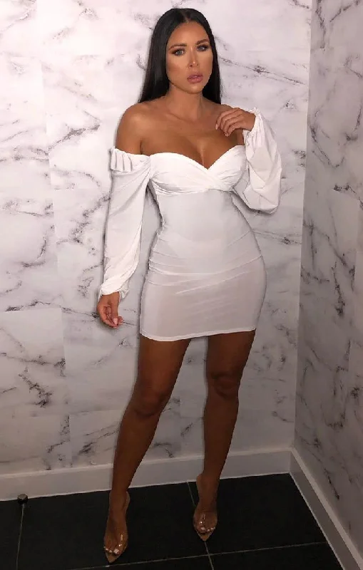 Mini dresses with empire waists for a flattering fitWhite Slinky Balloon Sleeve Bardot Mini Dress - Meghan Mini dresses with empire waists for a flattering fitWhite Slinky Balloon Sleeve Bardot Mini Dress - Meghan