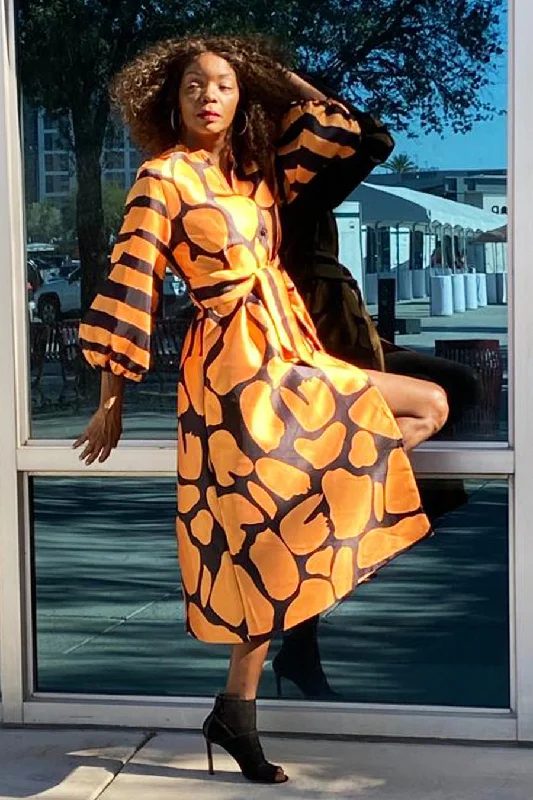 Bodycon dress for a music festival​Long Sleeve Belt Print Button Down Midi Dress