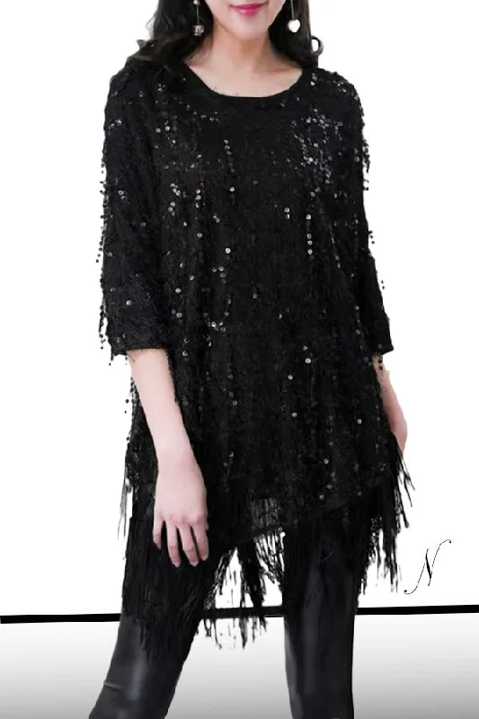 Bodycon dress for a cocktail party​Long Sleeve Sequin Fringe Short Dress