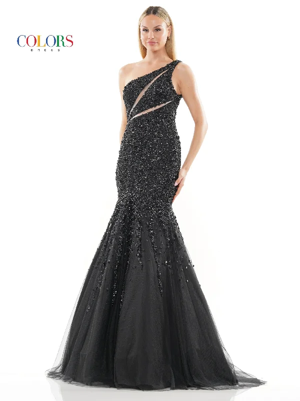 Bodycon dress with a peplum hem​Colors 3193 Long One Shoulder Mermaid Prom Dress