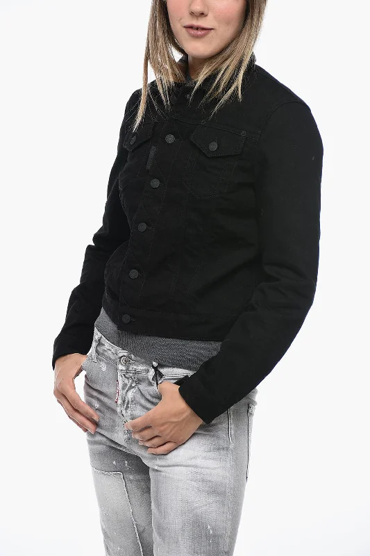 Women's long - sleeve wool coats in a houndstooth pattern for a classic charmDsquared2 ICON Boyfriend Denim Jacket with Logo Print Women's long - sleeve wool coats in a houndstooth pattern for a classic charmDsquared2 ICON Boyfriend Denim Jacket with Logo Print