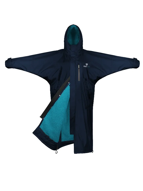 Shearling - lined women's leather coats for ultimate warmth and luxuryEvolution Women's | Thick Fleece | Fixed Hood | Navy/Turquoise Shearling - lined women's leather coats for ultimate warmth and luxuryEvolution Women's | Thick Fleece | Fixed Hood | Navy/Turquoise