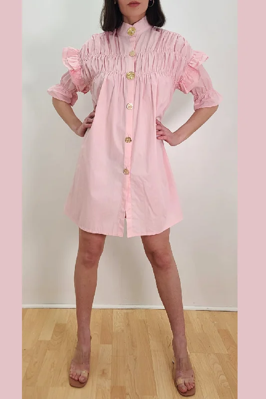 Bodycon dress with a ruched design for added textureHalf Sleeve Gold Button Down High Neck Short Dress Bodycon dress with a ruched design for added textureHalf Sleeve Gold Button Down High Neck Short Dress