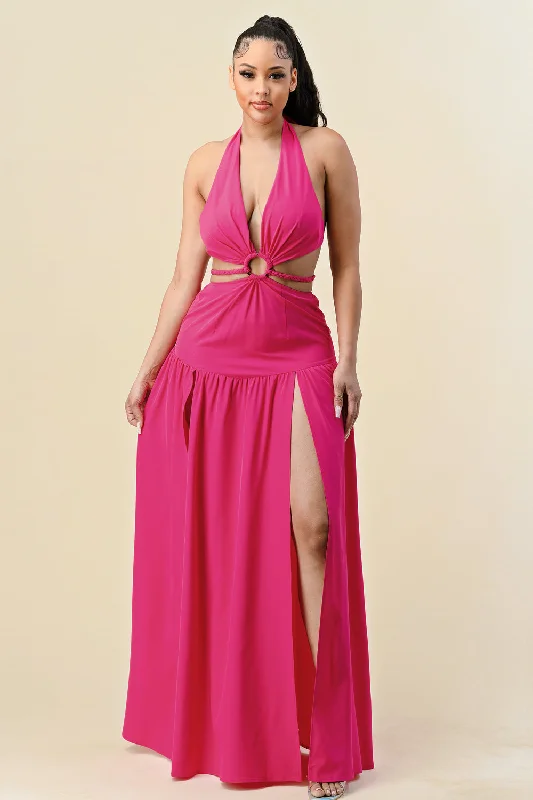 Bodycon dress with a lace - up front​Long Cut Out Slit Halter Maxi Dress