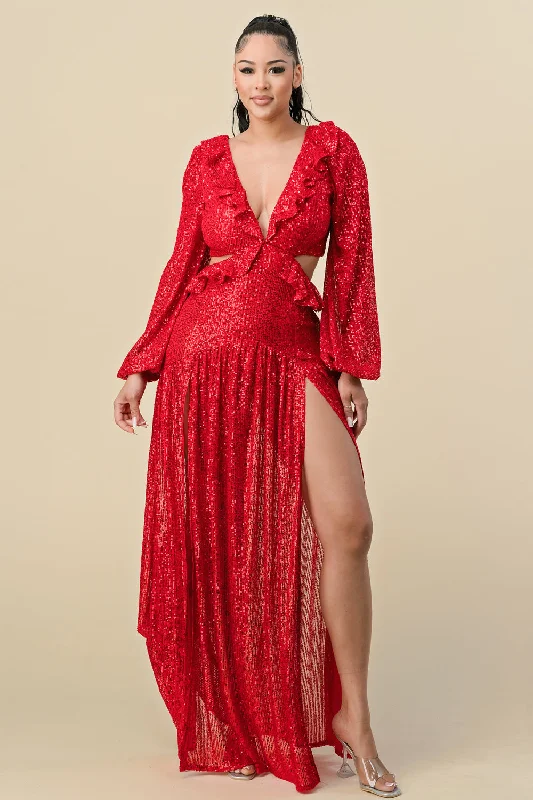 Bodycon dress with a ruched design for added textureLong Deep V Neck Sequins Long Sleeve Maxi Dress Bodycon dress with a ruched design for added textureLong Deep V Neck Sequins Long Sleeve Maxi Dress