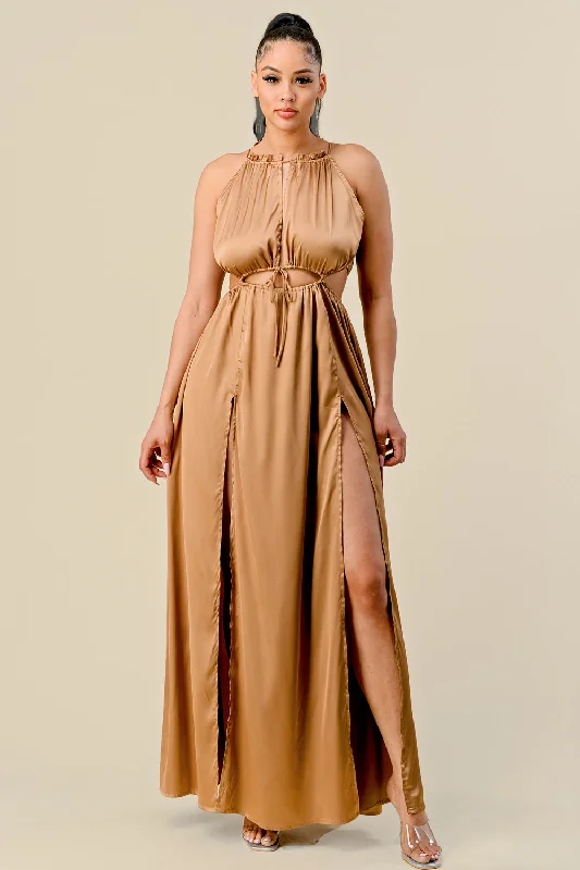 Sheath - style bodycon dress for a sophisticated office lookLong Front Cutout Tie Slit Maxi Dress Sheath - style bodycon dress for a sophisticated office lookLong Front Cutout Tie Slit Maxi Dress