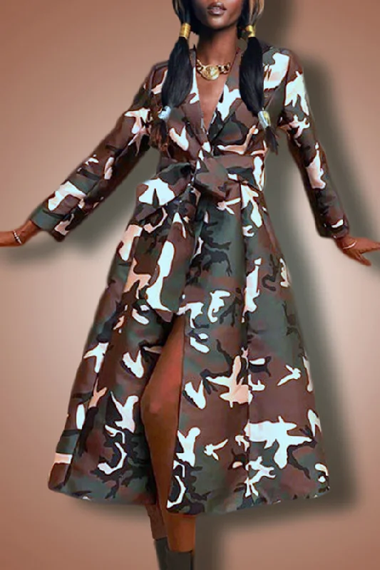 Bodycon dress with a pleated bodice​Long Sleeve Collared Camouflage Midi Dress