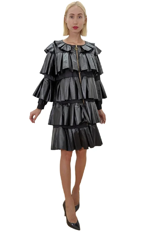 Bodycon dress with a thigh - high slitLong Sleeve Layered Pleated Zipper Leather Short Dress Bodycon dress with a thigh - high slitLong Sleeve Layered Pleated Zipper Leather Short Dress