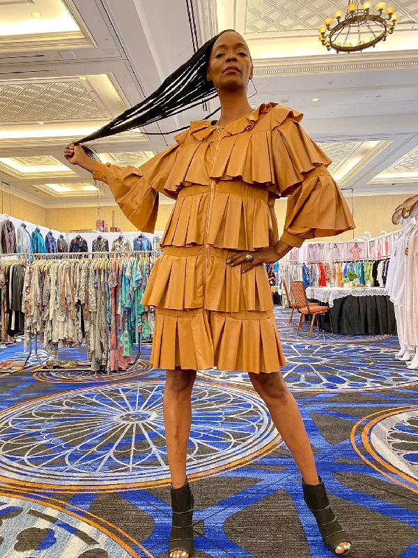 Bodycon dress for a cocktail party​Long Sleeve Leather Layered Zipper Short Dress