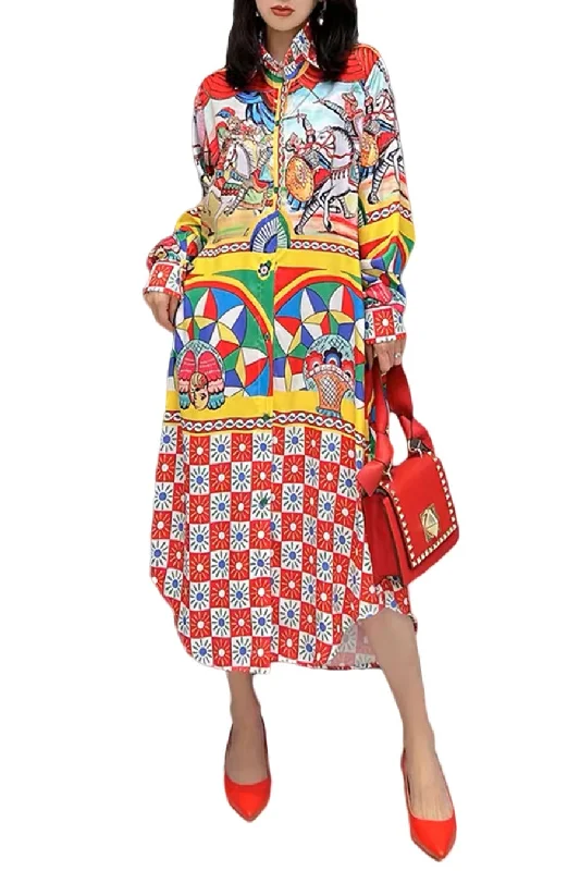 Bodycon dress with a peplum hem​Long Sleeve Parabola Cut Horse Printed Midi Dress