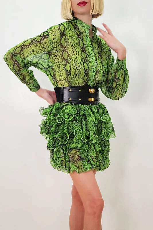 Bodycon dress with a wrap - around styleLong Sleeve Snakeskin Print Ruffle Chiffon Short Dress Bodycon dress with a wrap - around styleLong Sleeve Snakeskin Print Ruffle Chiffon Short Dress